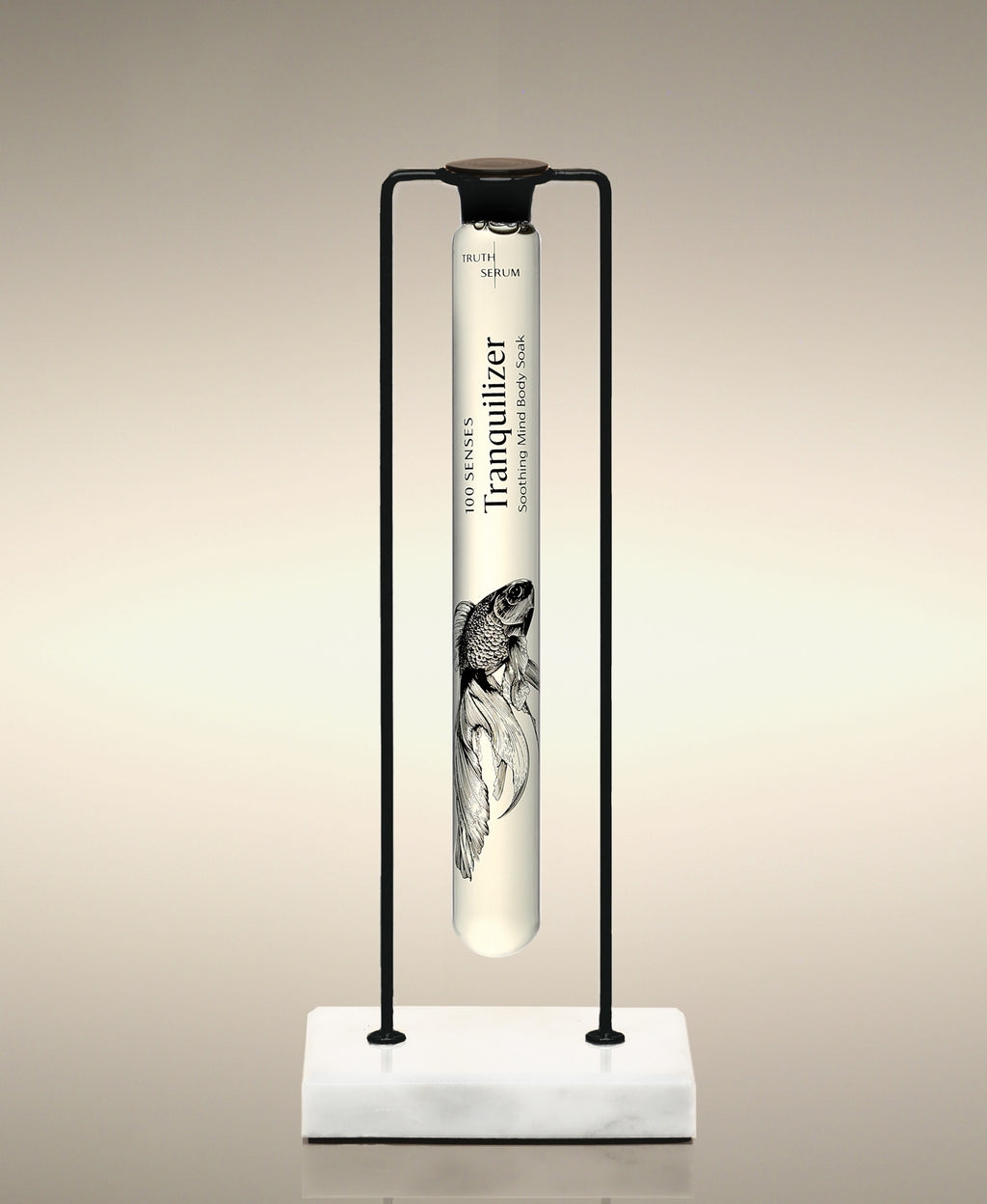 Tranquilizer glass Cylinder Soak displayed in the Single Cylinder Soak Stand in black-and-marble.