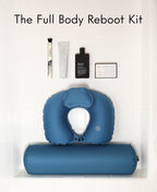 Full Body Reboot Kit with blue Float Duo, a foaming cylinder soak, the Face Forward Face Polish, a Replenish Yourself Body Whip and the Ultimate Body Bar.