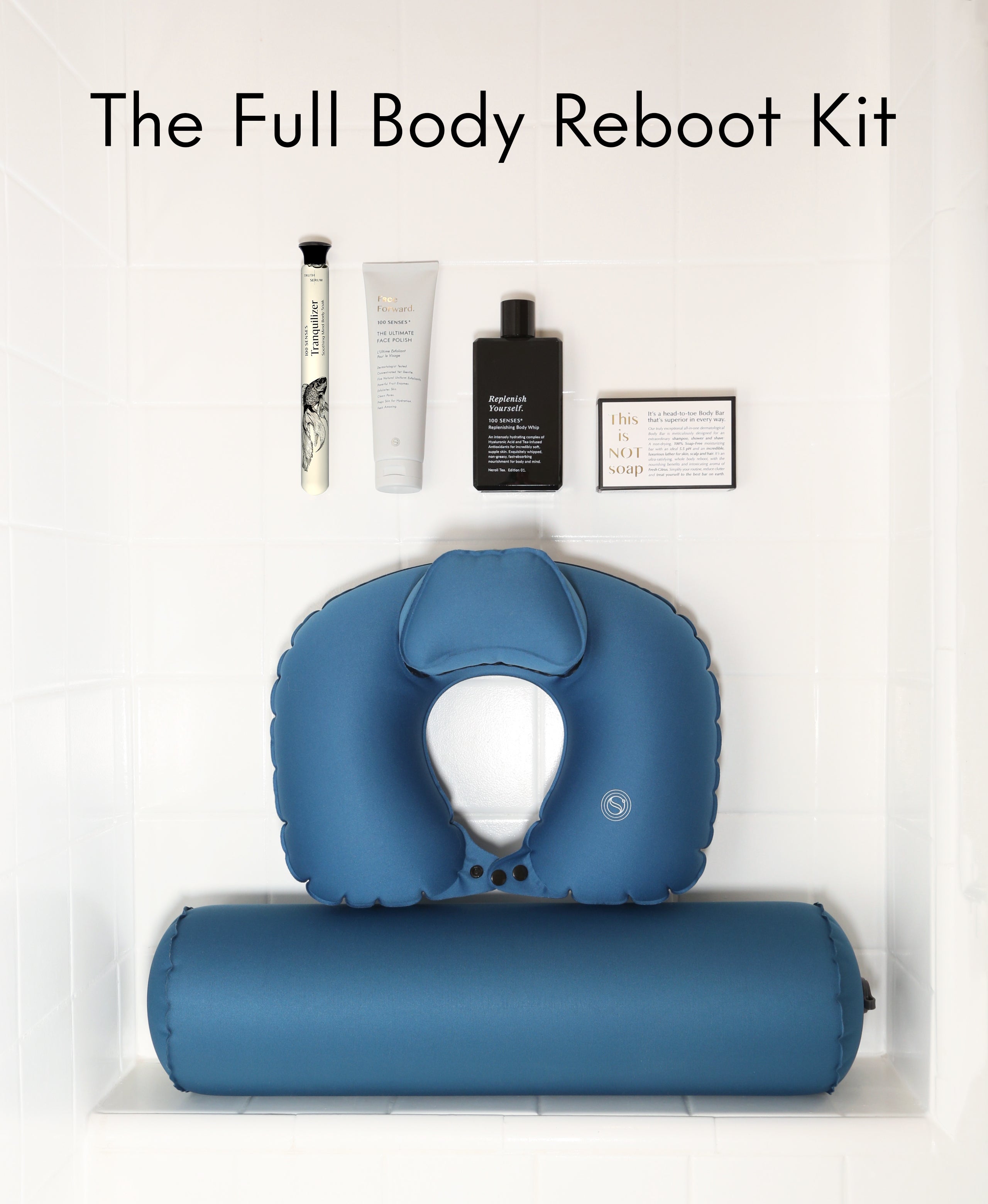 Full Body Reboot Kit with blue Float Duo, a foaming cylinder soak, the Face Forward Face Polish, a Replenish Yourself Body Whip and the Ultimate Body Bar.
