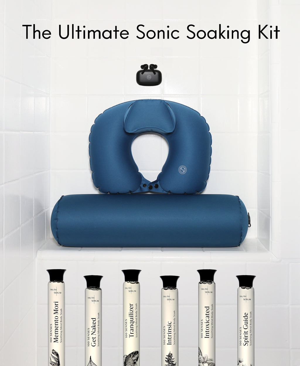 Ultimate Sonic Soaking Kit with BathSonic earbuds, blue Float Duo and six glass Foaming Cylinder bath soaks.