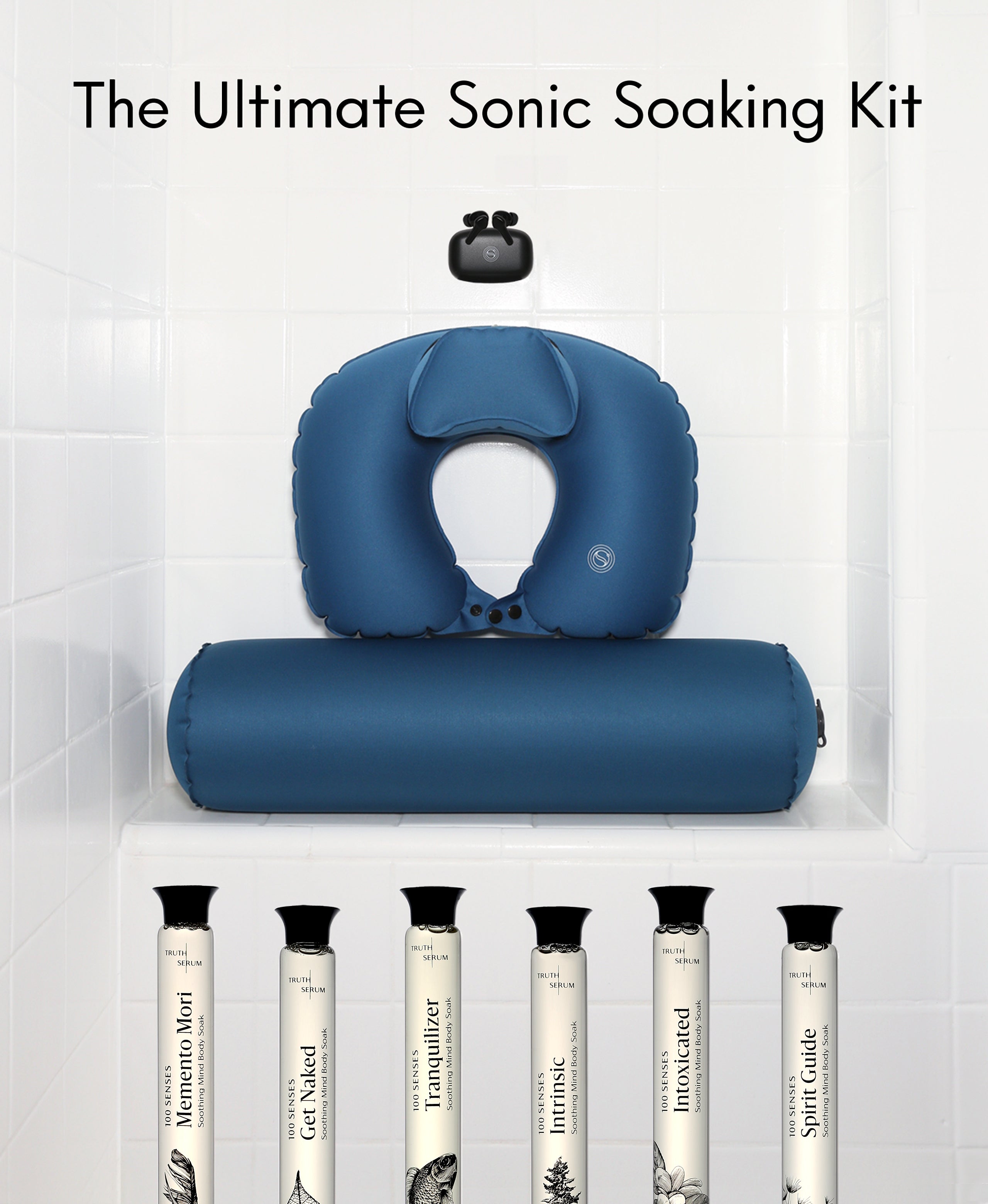 Ultimate Sonic Soaking Kit with BathSonic earbuds, blue Float Duo and six glass Foaming Cylinder bath soaks.