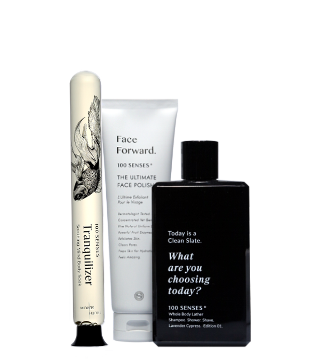 The Tranquilizer Foaming Cylinder Soak, The Ultimate Face Polish, and the Lavender Cypress Clean Slate Body Lather