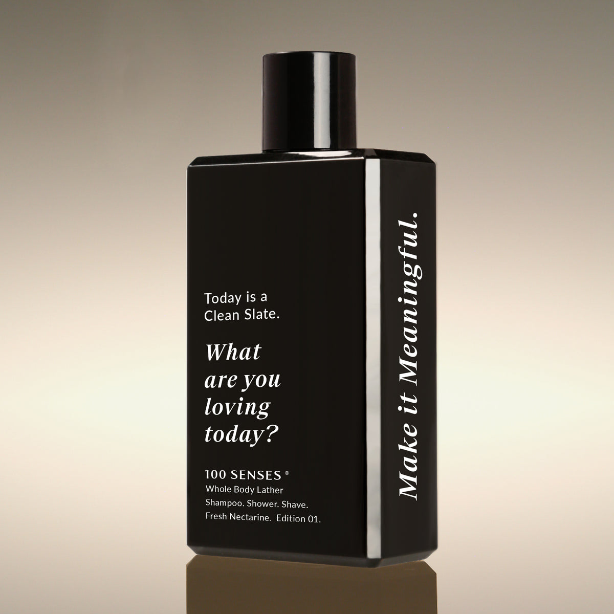 Fresh Nectarine Clean Slate Body Lather bottle angled to show “What are you loving today?” on the front and “Make it Meaningful” on the side.