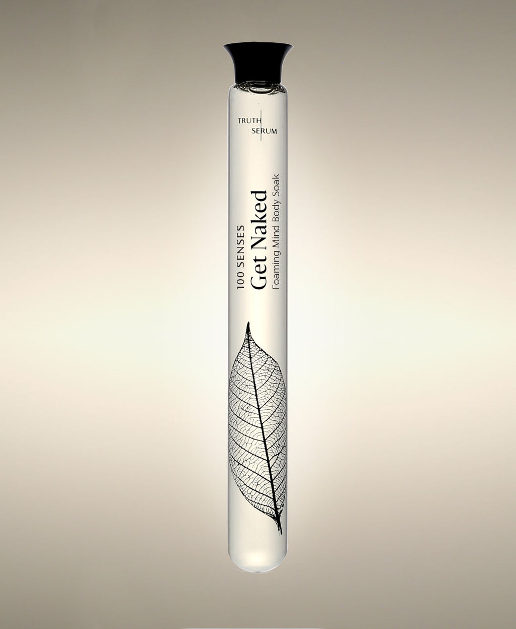 Get Naked Fresh Roses glass Faoming Cylinder Soak with veined leaf illustration, standing against a warm neutral background.