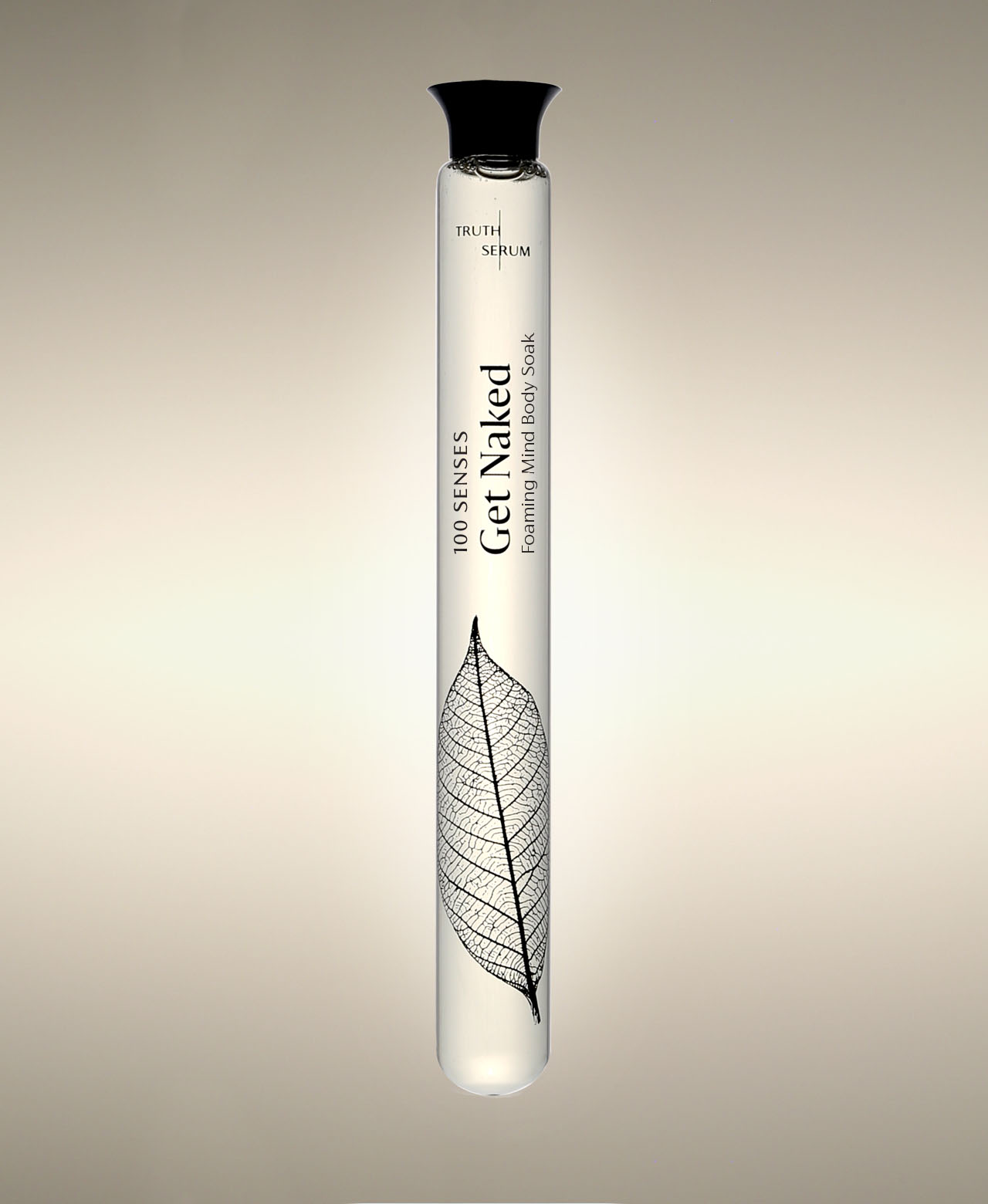 Get Naked Fresh Roses glass Faoming Cylinder Soak with veined leaf illustration, standing against a warm neutral background.