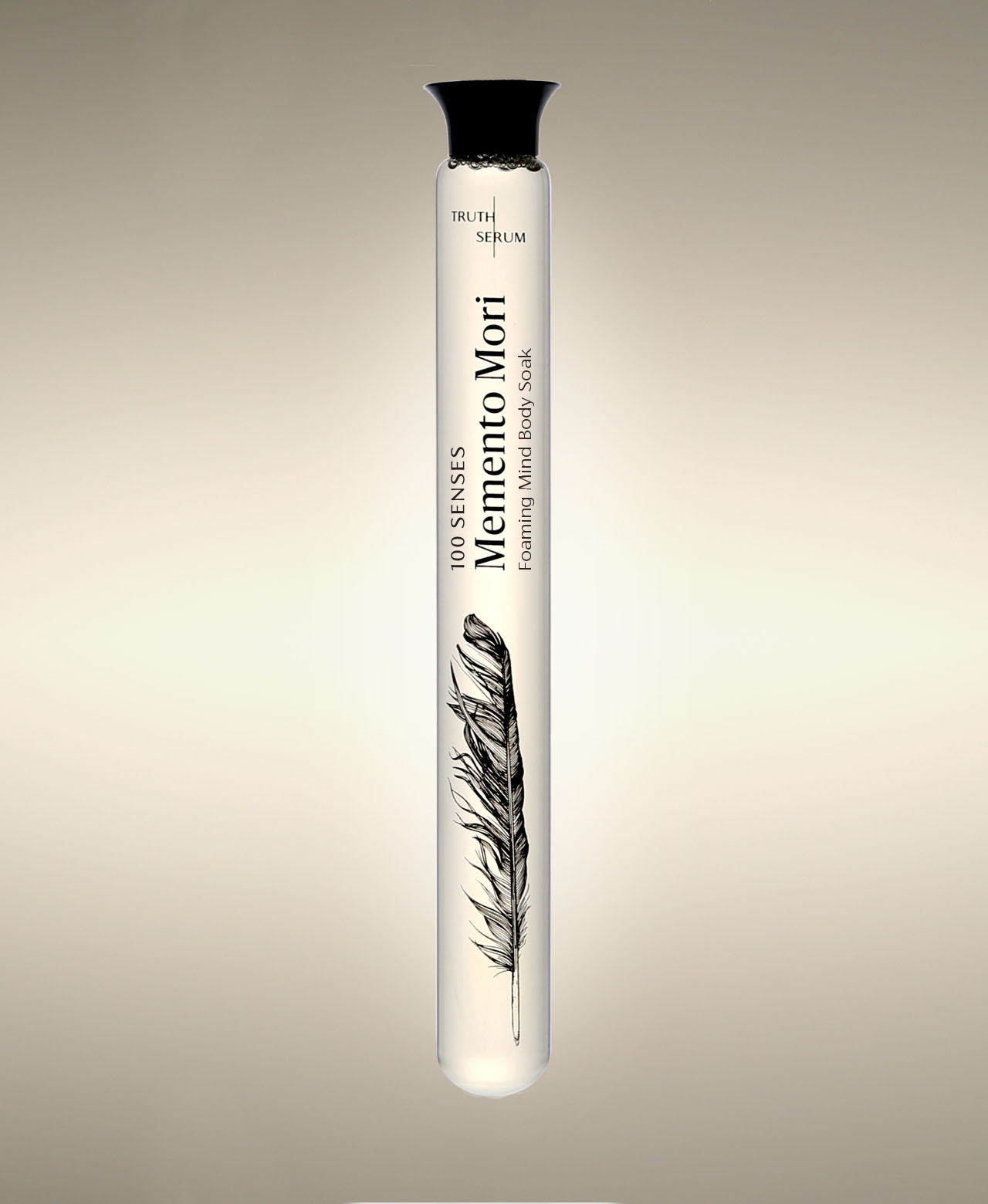 Memento Mori Wild Fig glass Foaming Cylinder Soak with feather illustration, standing against a warm neutral background.