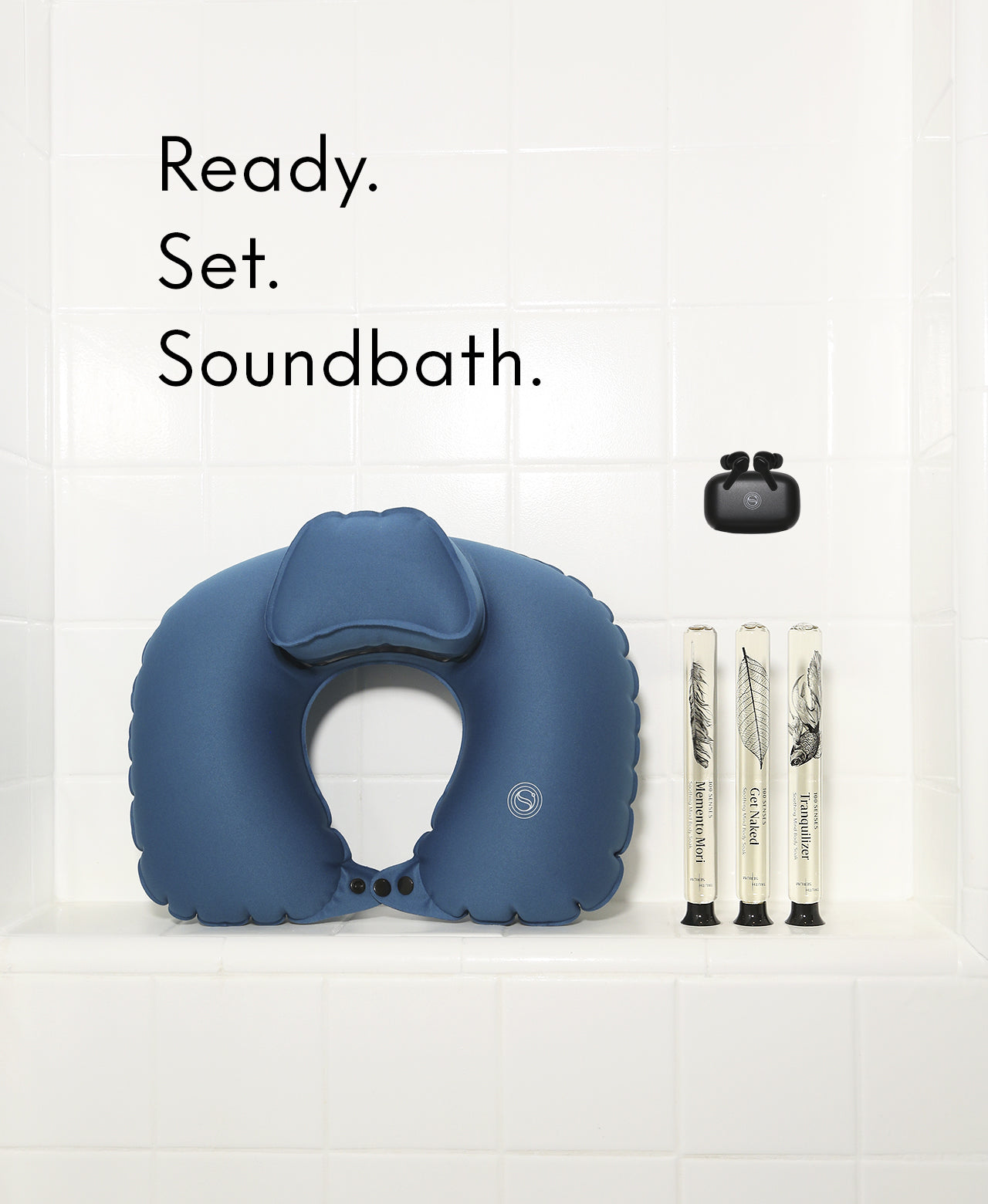 Ready. Set. Soundbath. kit with BathSonic earbuds, a blue Head Floater and the Trio 1 glass Foaming Cylinder Soaks.