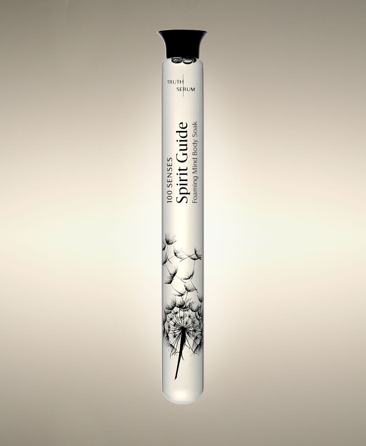 Spirit Guide Vetiver Agarwood glass Foaming Cylinder Soak with an illustration of dandelion seeds drifting from the seed head, standing against a warm neutral background.