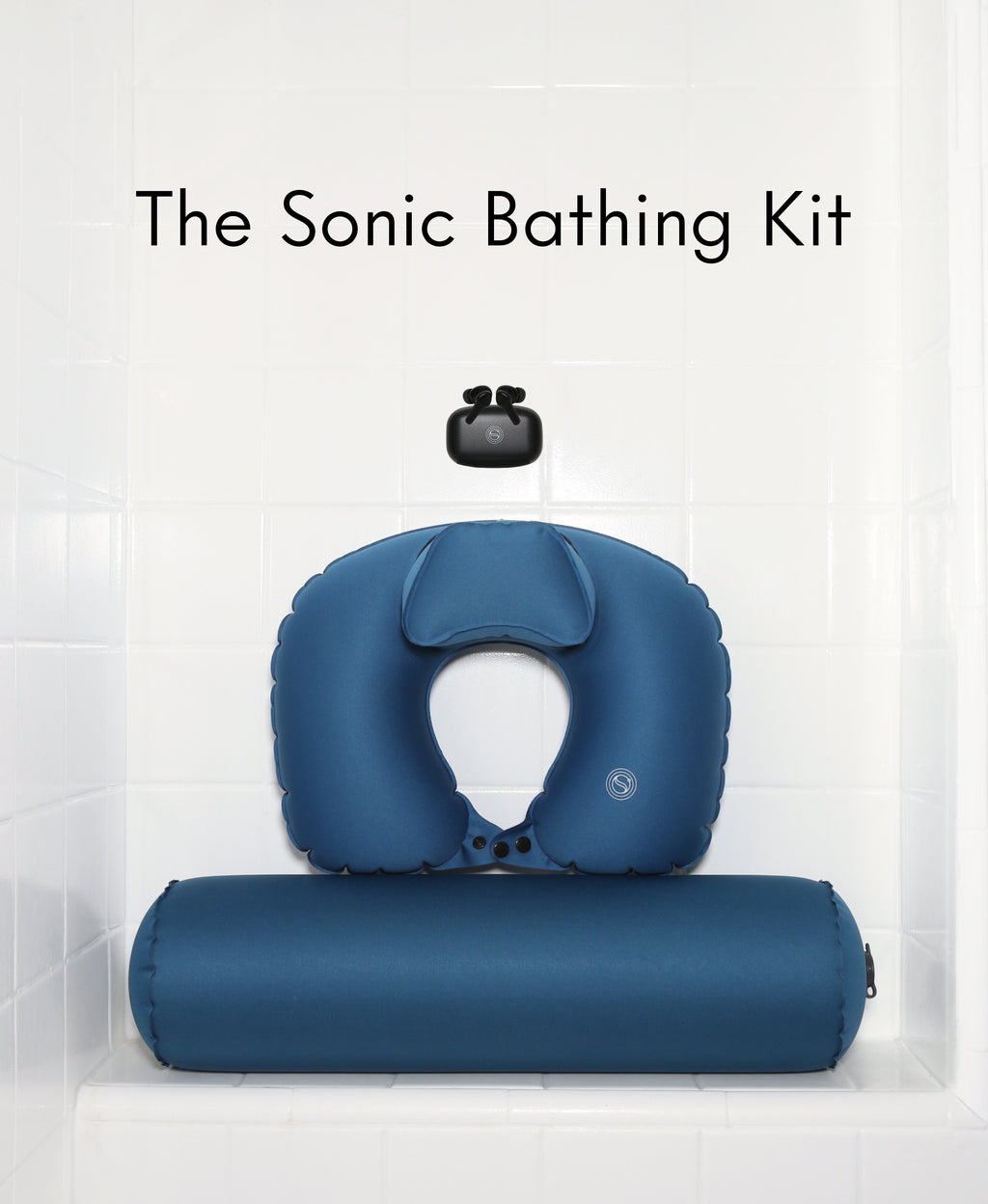 Sonic Bathing Kit with BathSonic earbuds and the blue Full Body Float Duo.