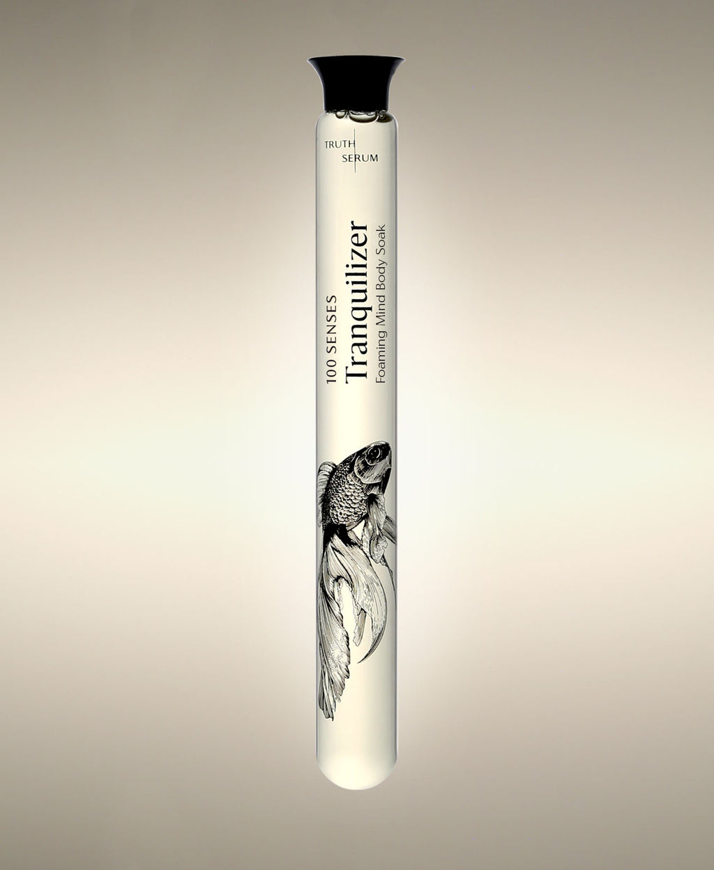 Tranquilizer Foaming Bath Soak glass cylinder with betta fish illustration, standing against a warm neutral background.