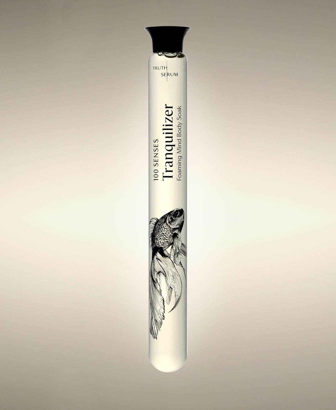 Tranquilizer Foaming Bath Soak glass cylinder with betta fish illustration, standing against a warm neutral background.