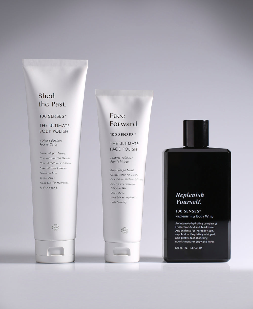 Shed the Past Body Polish, Face Forward Face Polish and Replenish Yourself Body Whip.