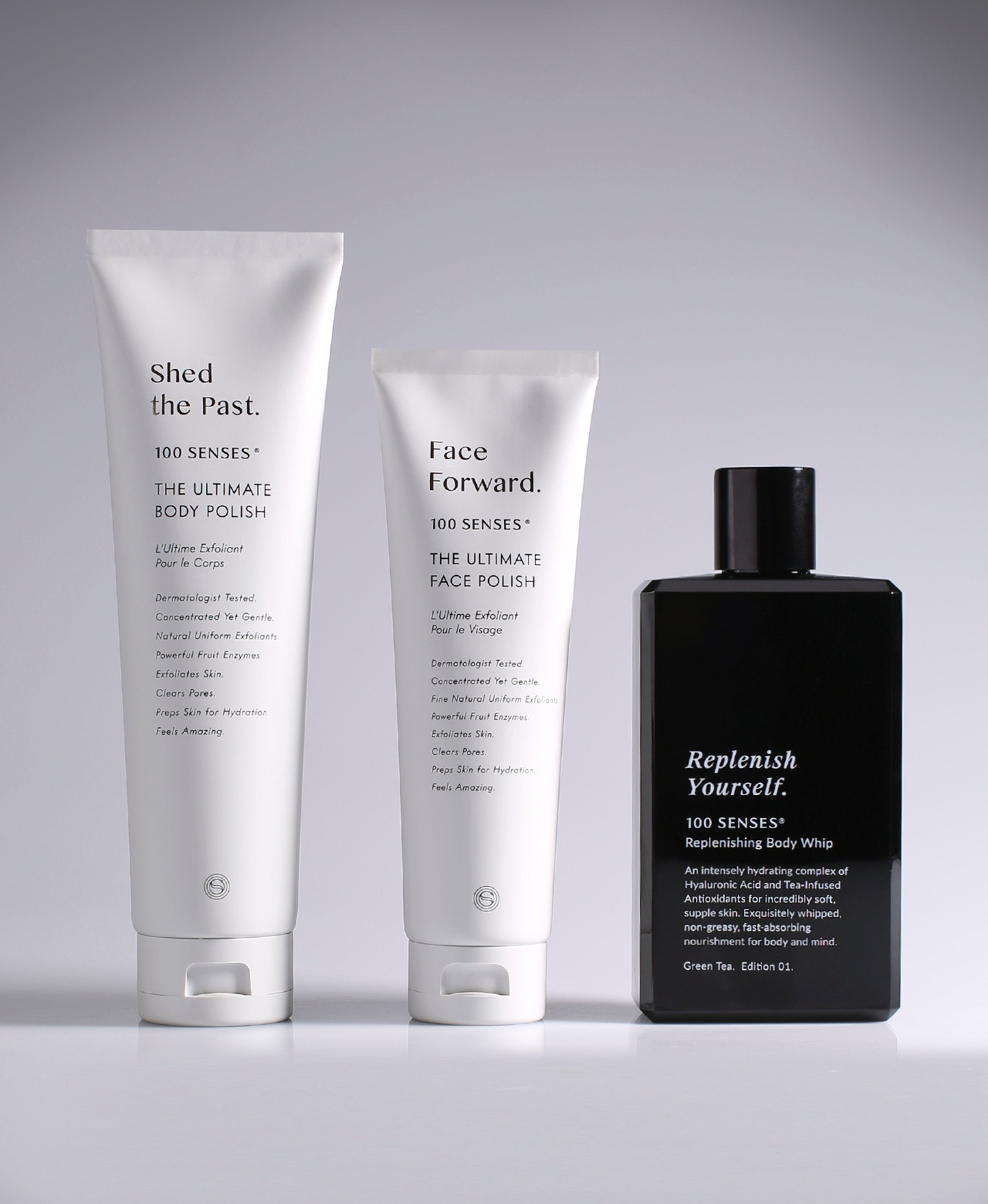 Shed the Past Body Polish, Face Forward Face Polish and Replenish Yourself Body Whip.