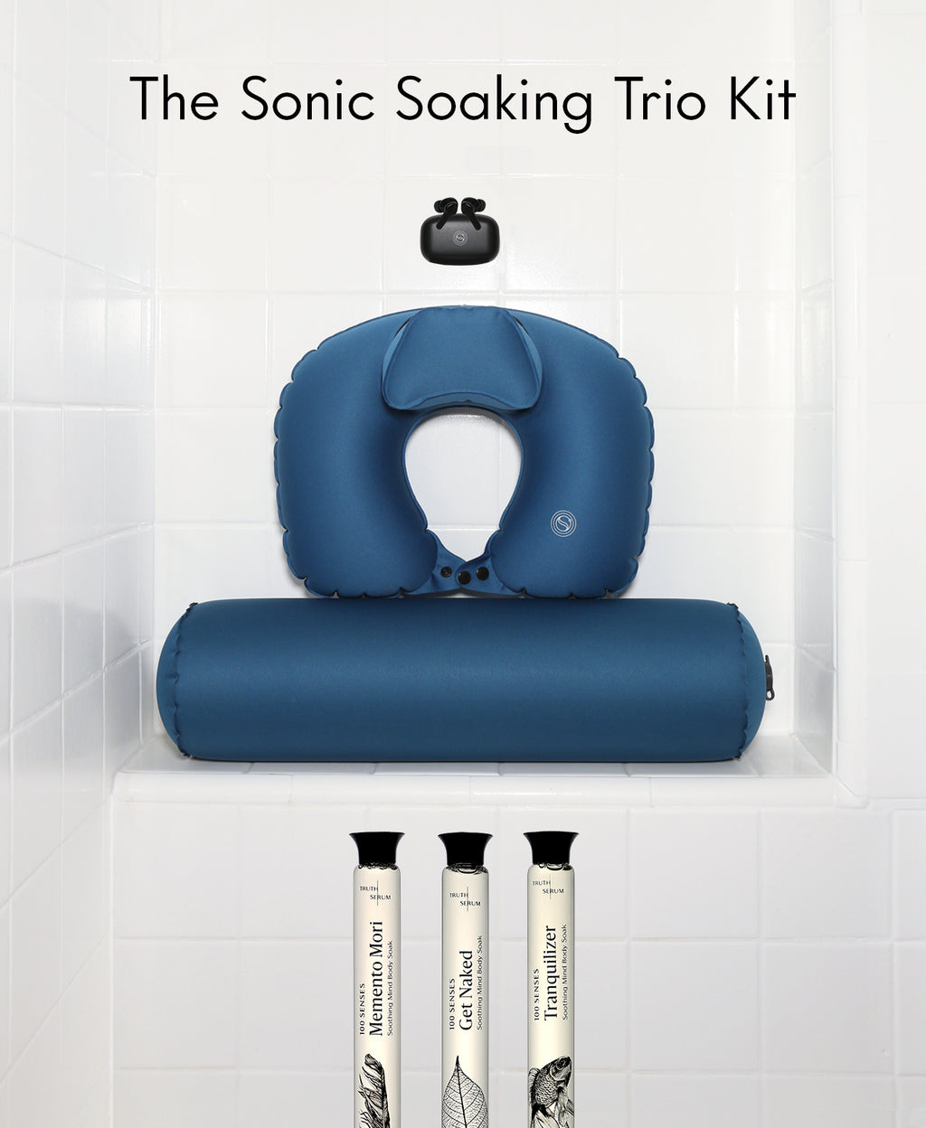 Sonic Soaking Trio Kit with BathSonic earbuds, blue Float Duo and Trio 1 Foaming Bath Soaks in glass cylinders.