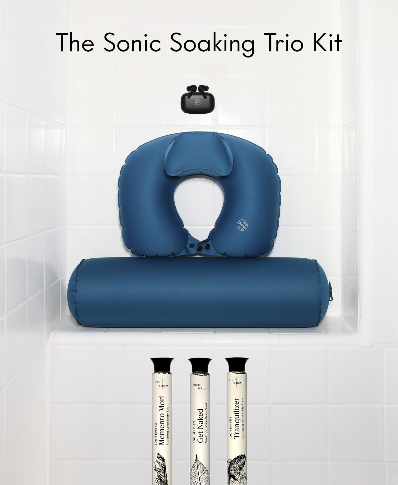 Sonic Soaking Trio Kit with BathSonic earbuds, blue Float Duo and Trio 1 Foaming Bath Soaks in glass cylinders.