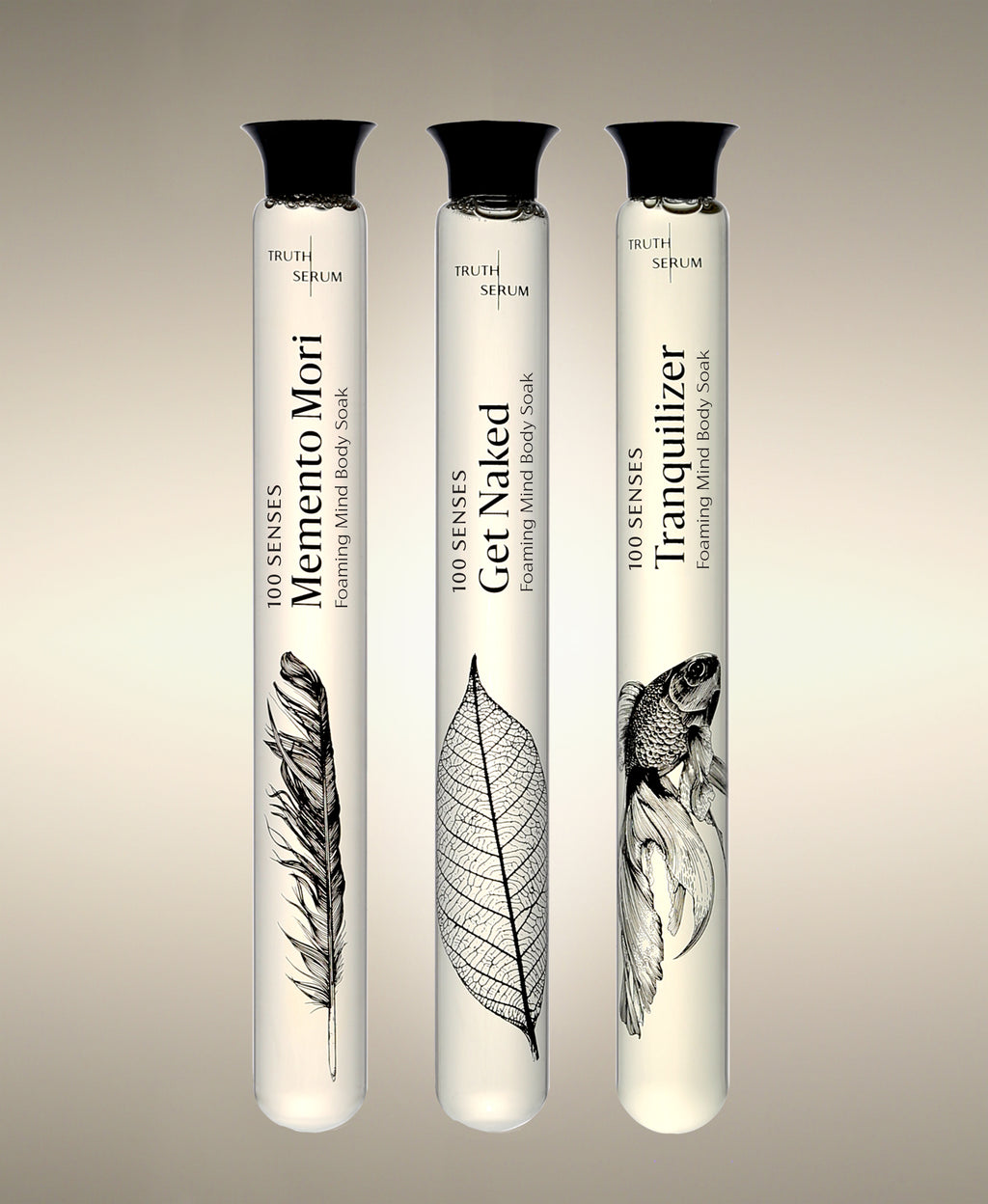 Memento Mori, Get Naked and Tranquilizer Foaming Bath Soak glass cylinders.