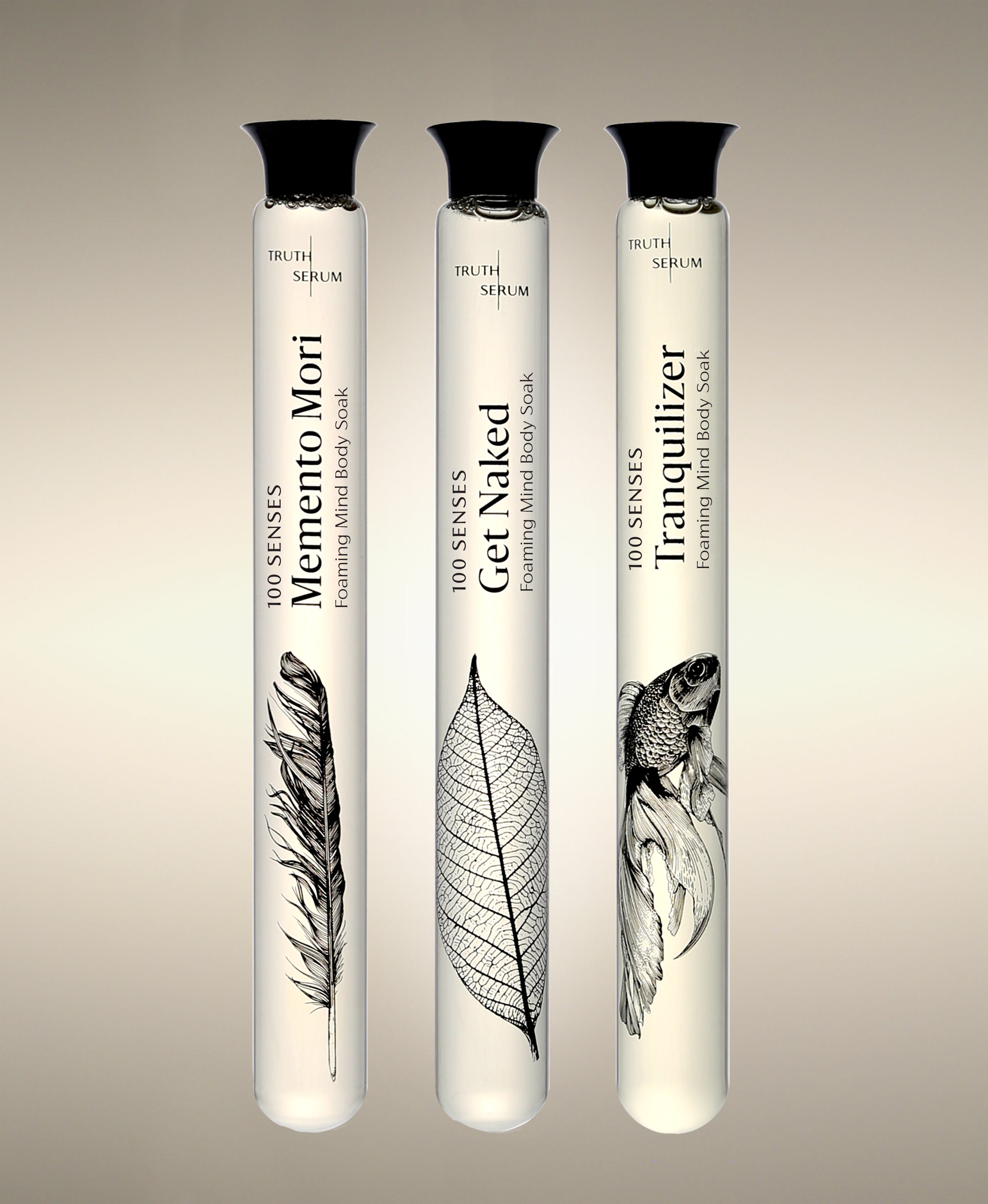 Memento Mori, Get Naked and Tranquilizer glass Foaming Cylinder Soaks.