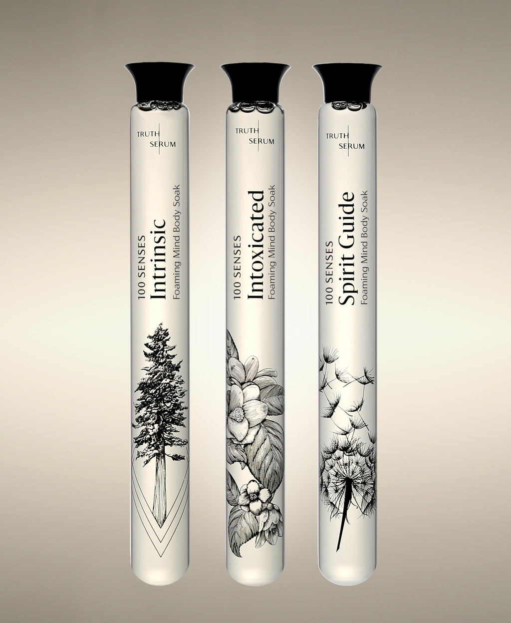 Intrinsic, Intoxicated and Spirit Guide Foaming Bath Soak glass cylinders.
