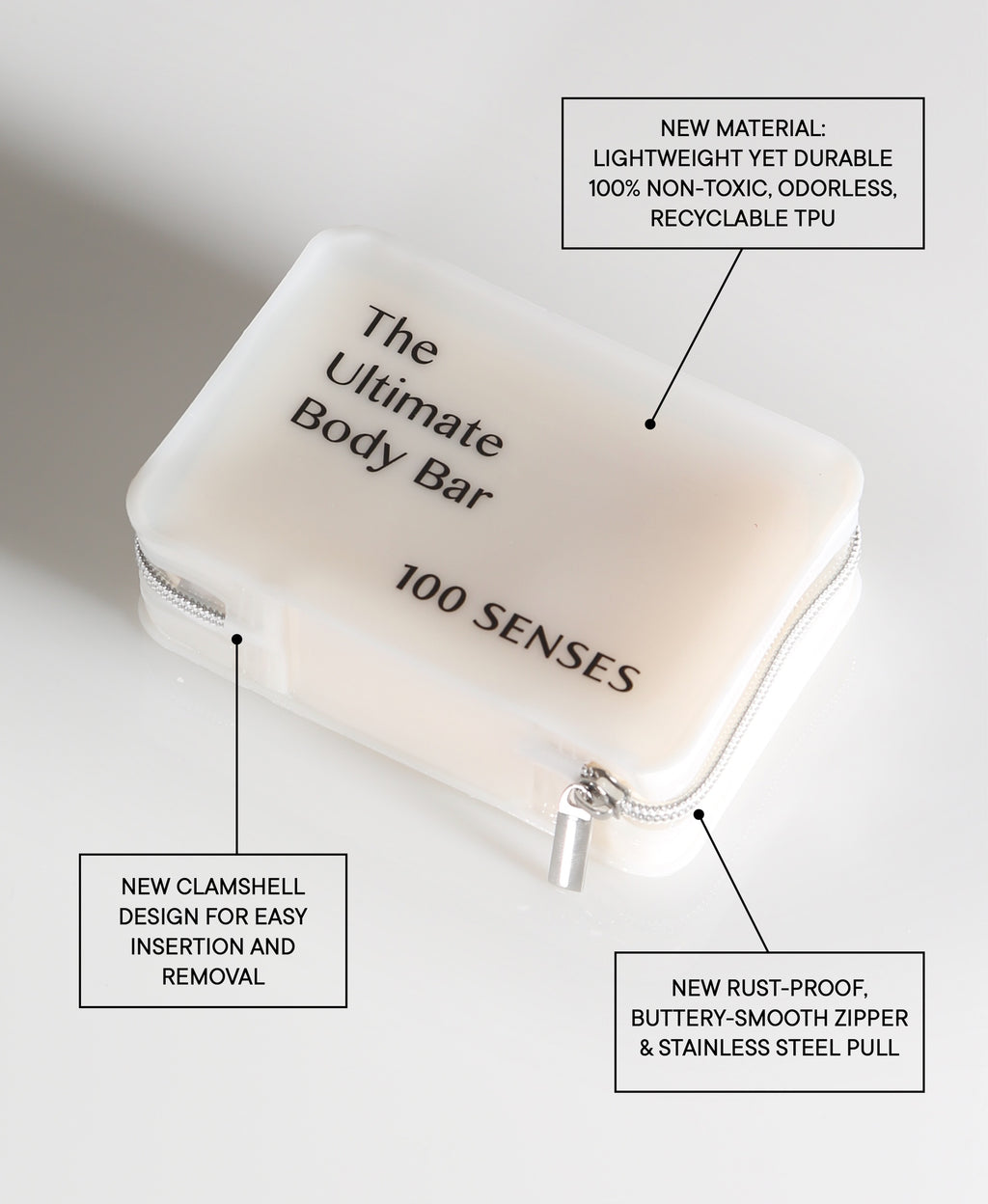 Ultimate Body Bar travel case with callouts highlighting its material, zipper and clamshell design.