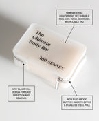 Ultimate Body Bar travel case with callouts highlighting its material, zipper and clamshell design.