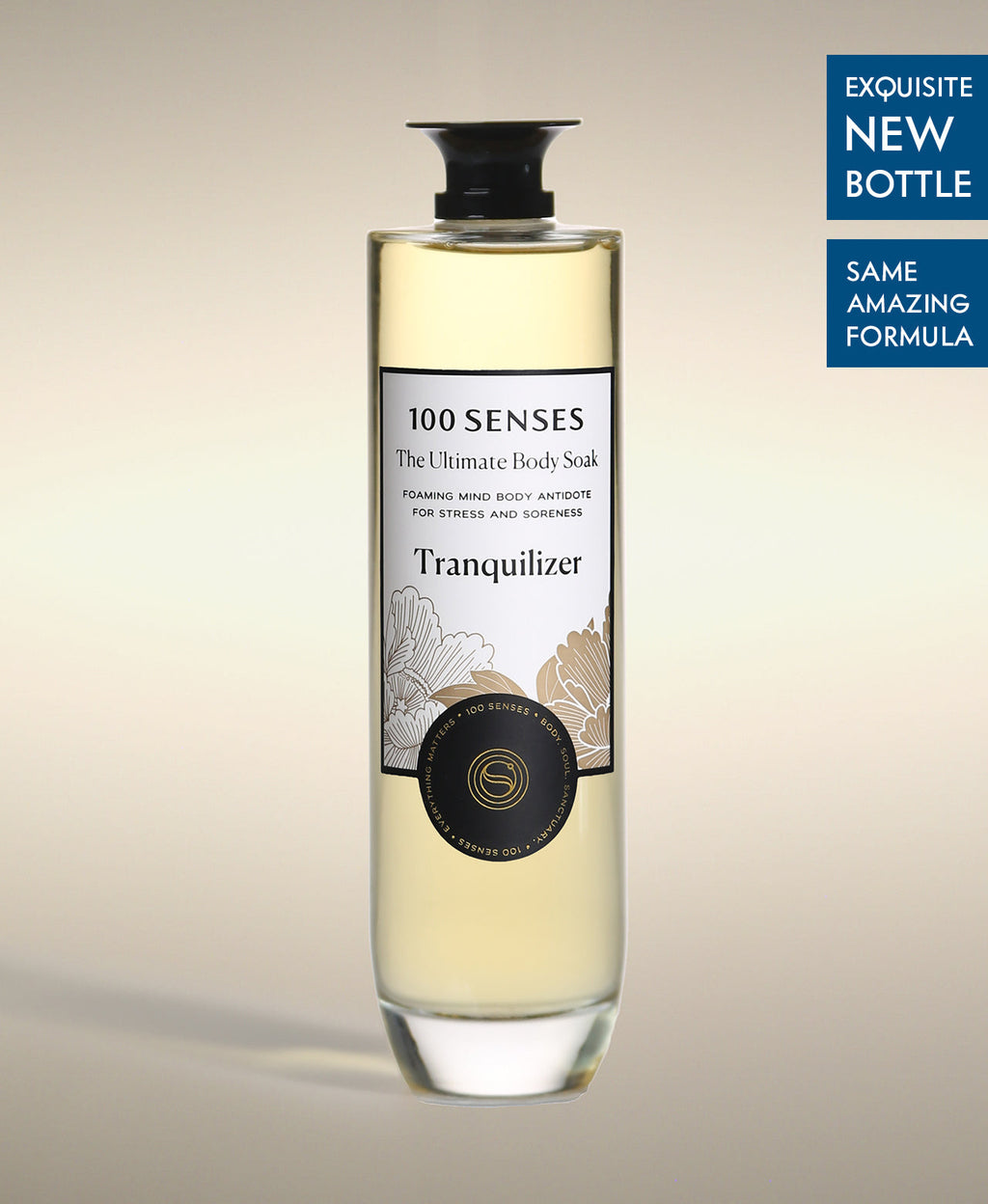 Tranquilizer Ultimate Body Soak in a thick-bottomed glass bottle with botanical label artwork.