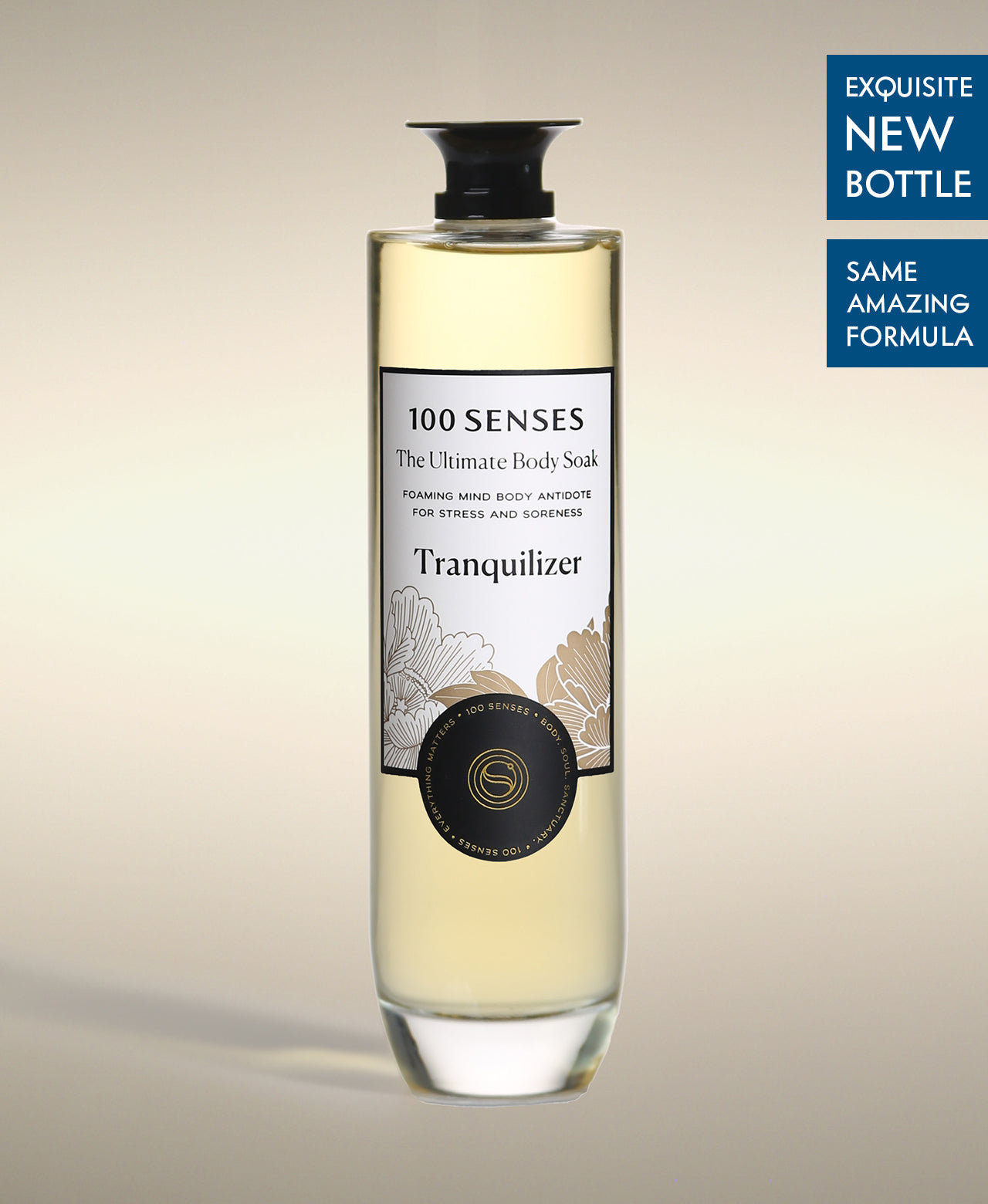 Tranquilizer Ultimate Body Soak in a thick-bottomed glass bottle with botanical label artwork.