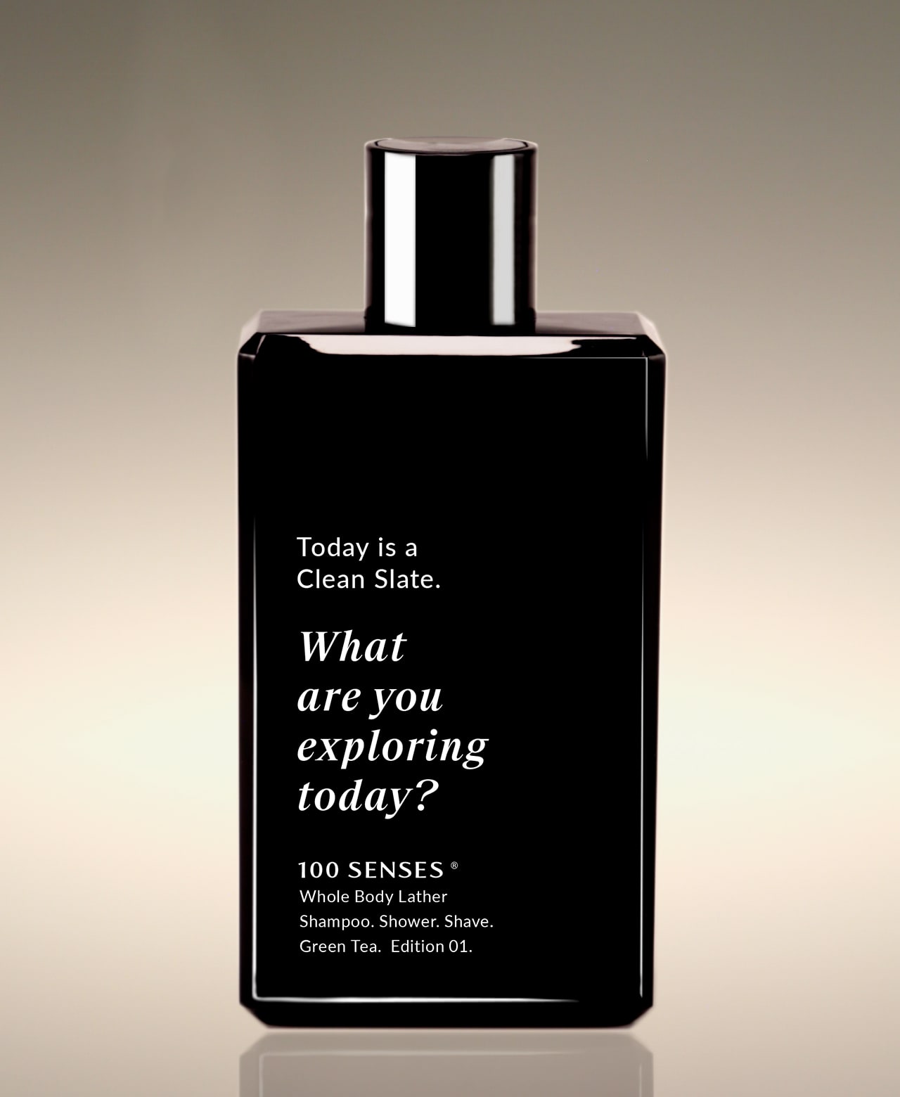 Front view of the Green Tea Clean Slate Body Lather bottle reading “What are you exploring today?”