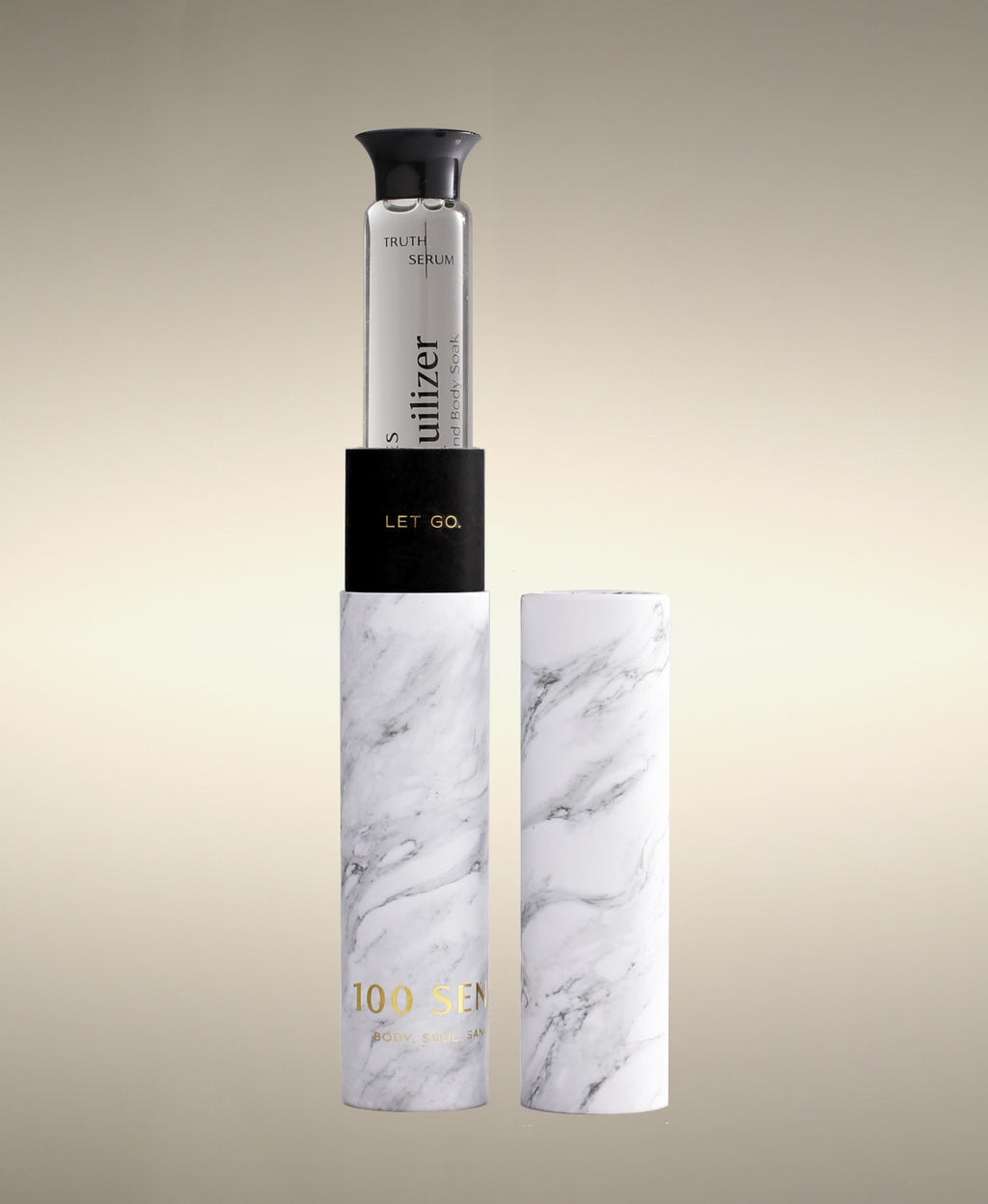 Open glass Cylinder Soak Travel Case holding a Tranquilizer soak cylinder beside its lid.