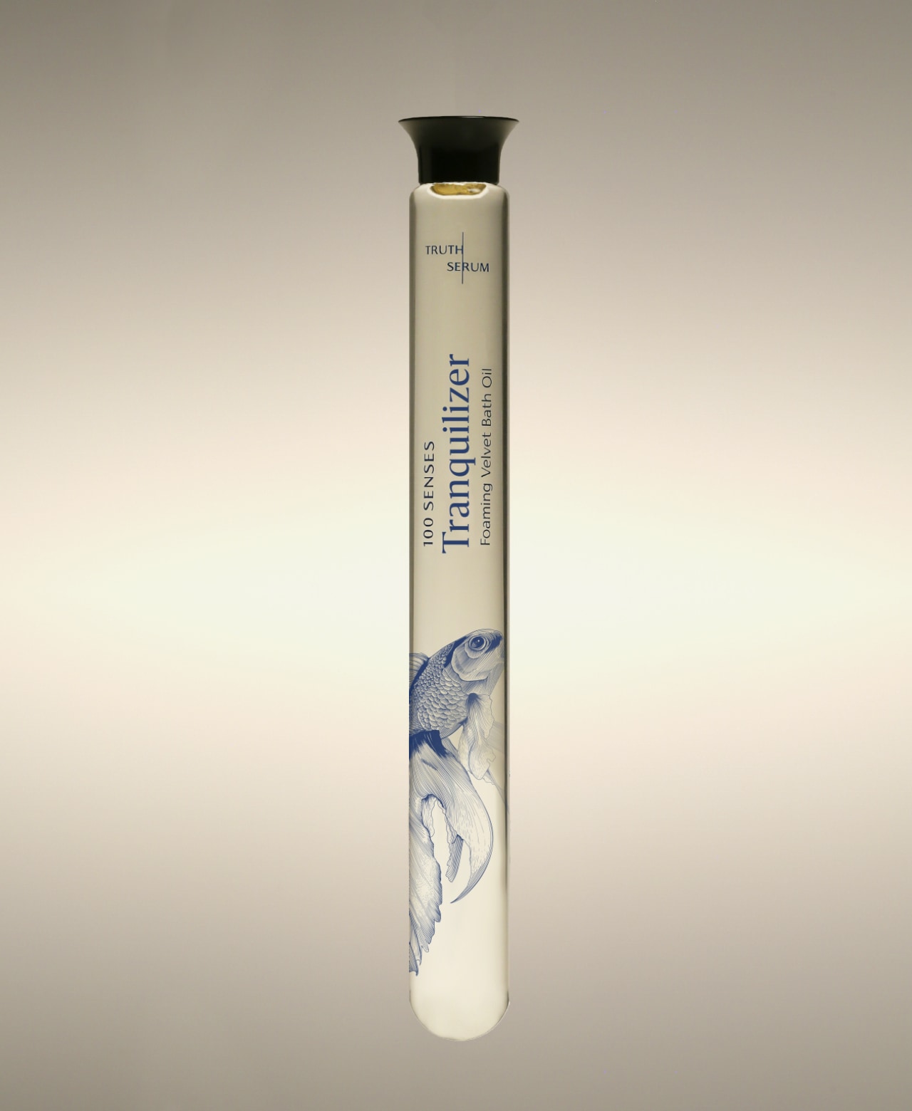 Tranquilizer Lavender Soothing Cylinder Bath Oil glass cylinder with betta fish line-art illustration.
