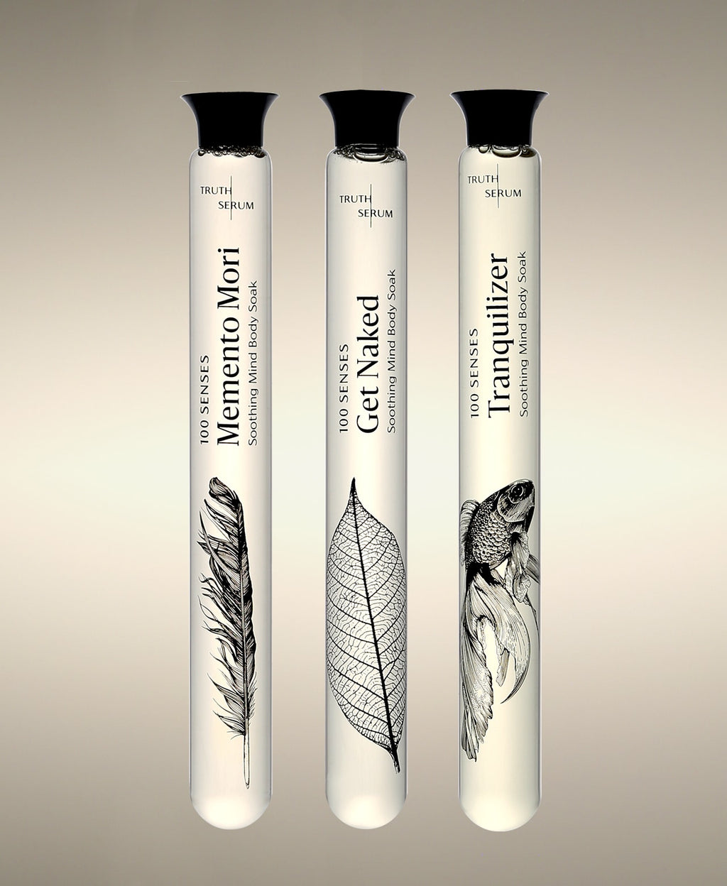 Memento Mori, Get Naked and Tranquilizer Foaming Bath Soak glass cylinders.