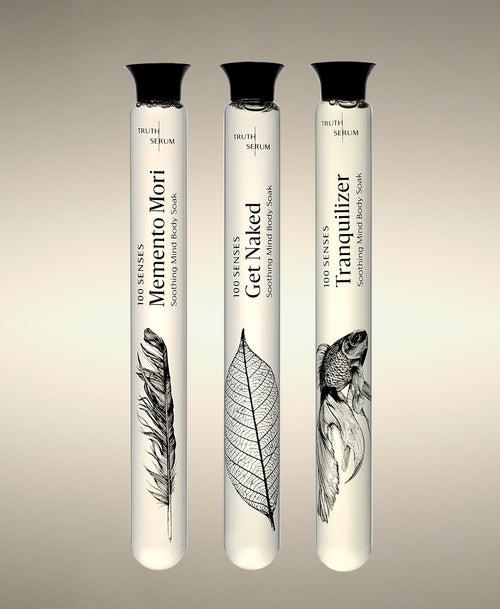 Memento Mori, Get Naked and Tranquilizer Foaming Bath Soak glass cylinders.
