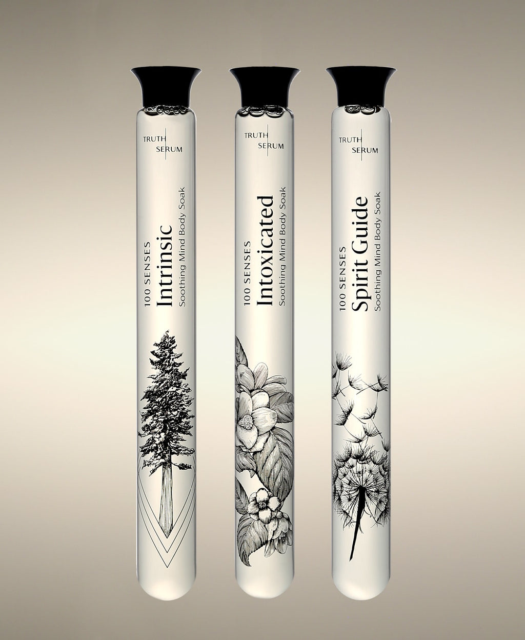 Intrinsic, Intoxicated and Spirit Guide Foaming Bath Soak glass cylinders.