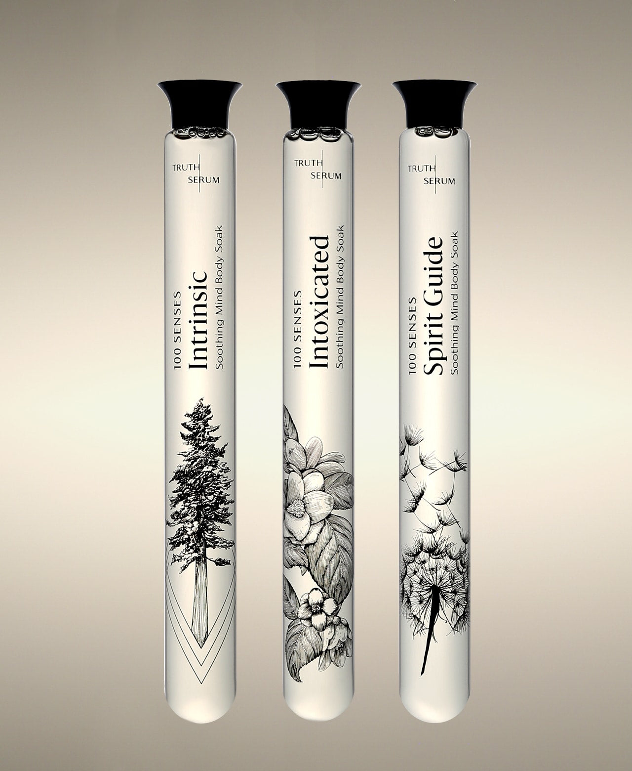 Intrinsic, Intoxicated and Spirit Guide Foaming Bath Soak glass cylinders.