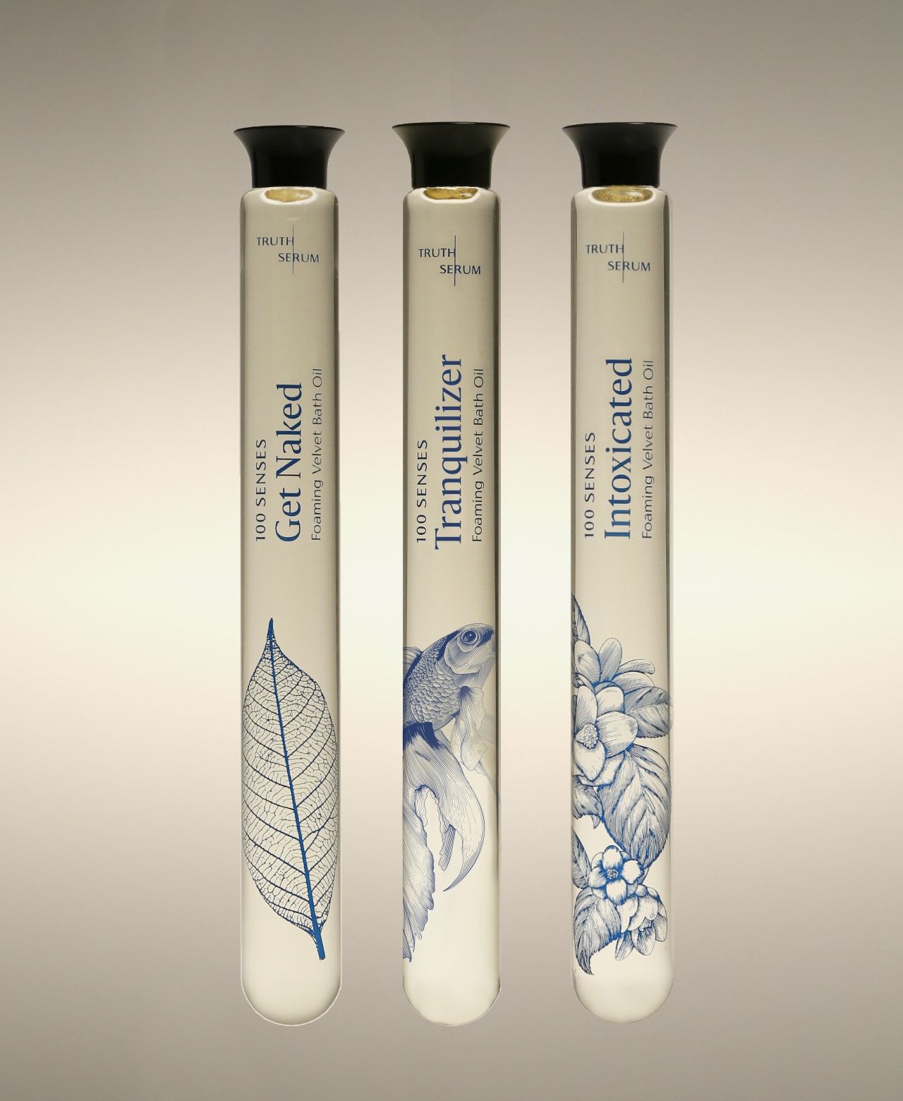 Get Naked, Tranquilizer and Intoxicated Velvet Bath Oils arranged side by side.