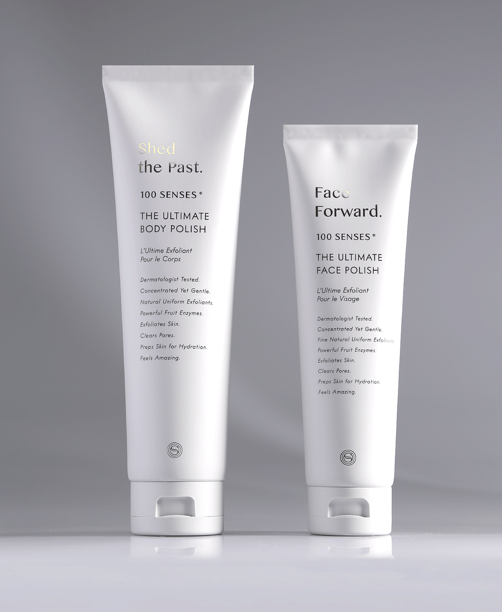 Shed the Past Body Polish and Face Forward Face Polish tubes against a pale gradient gray background.