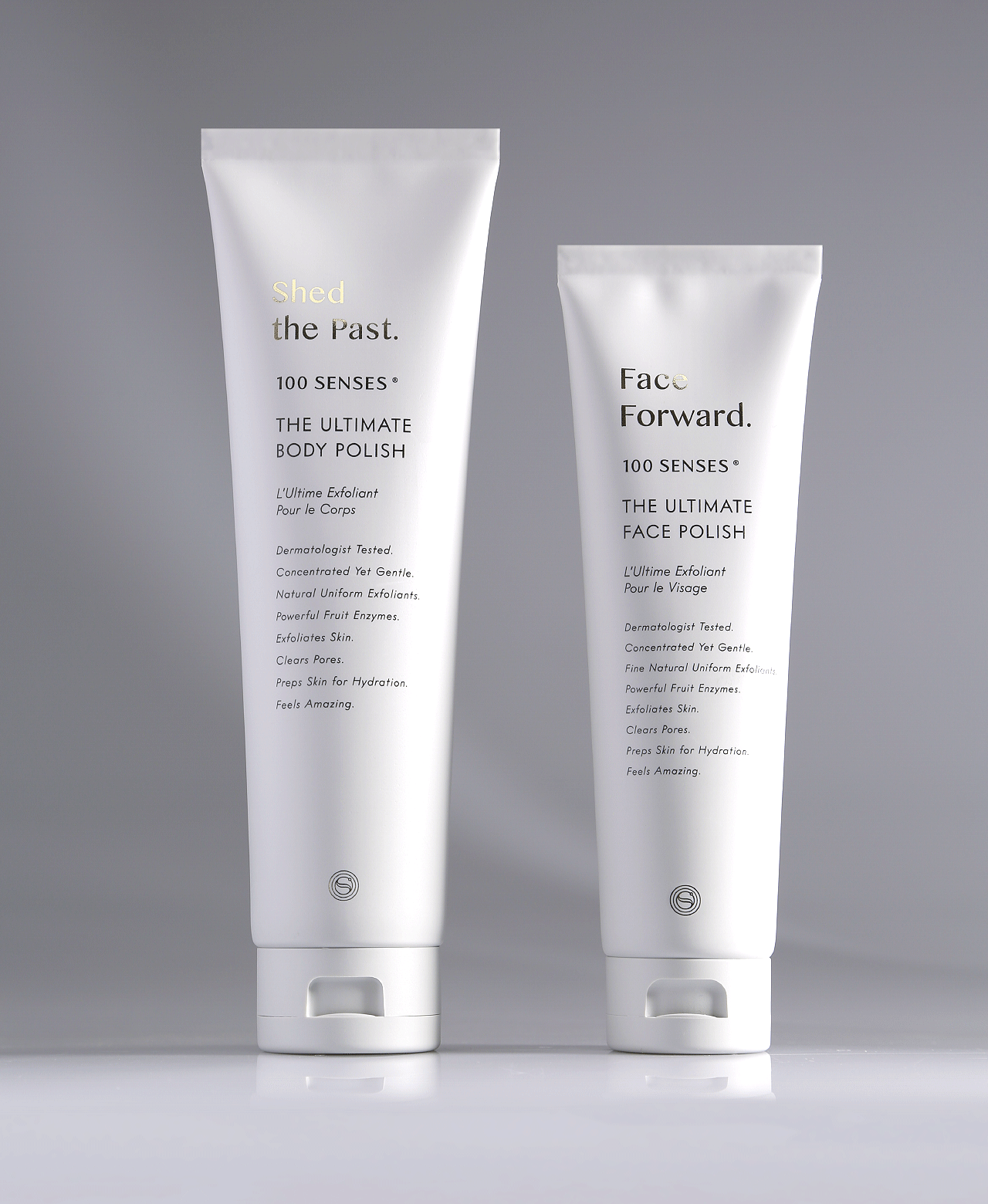 Shed the Past Body Polish and Face Forward Face Polish tubes against a pale gradient gray background.