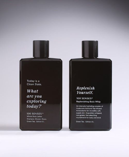 Clean Slate Body Lather and Replenish Yourself Body Whip bottles side by side.