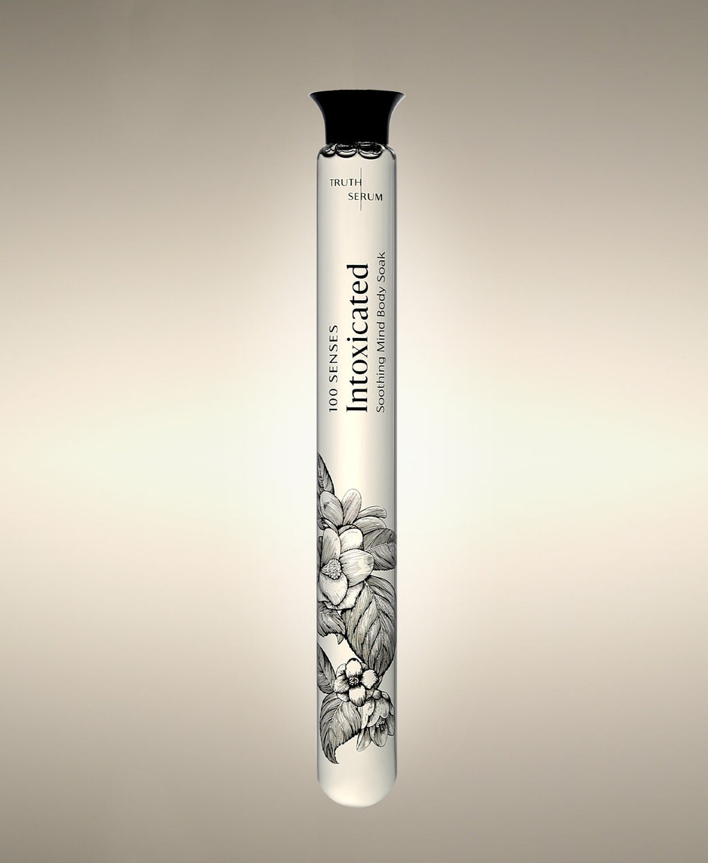 Intoxicated White Tuberose glass Foaming Cylinder Soak with a flower illustration.