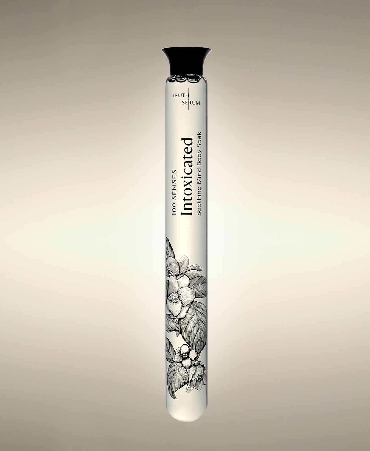 Intoxicated White Tuberose glass Foaming Cylinder Soak with a flower illustration.