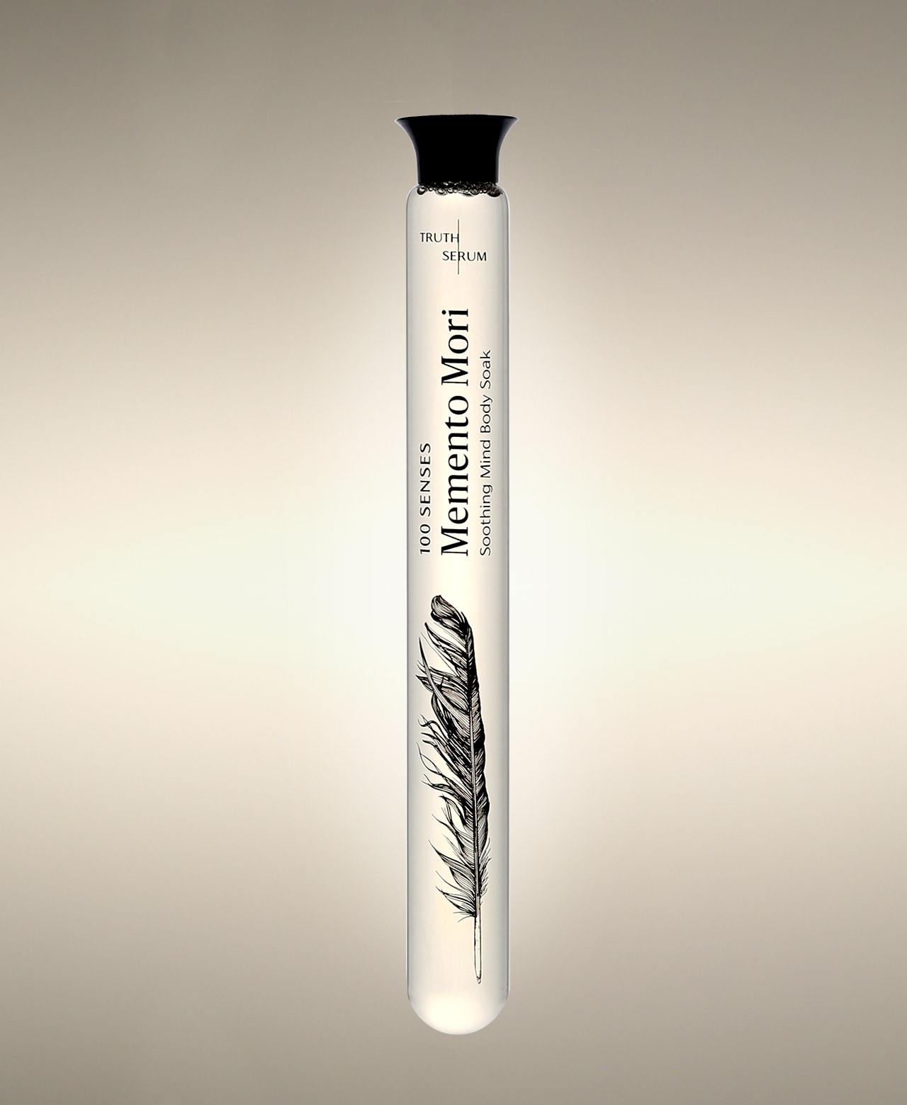 Memento Mori Wild Fig glass Foaming Cylinder Soak with feather illustration.