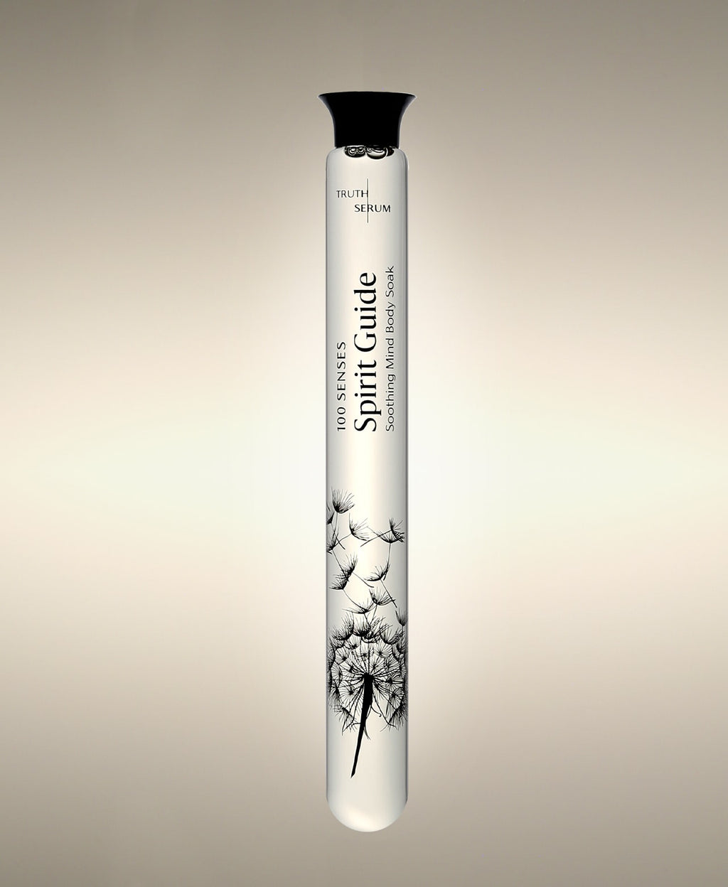 Spirit Guide Vetiver Agarwood glass Foaming Cylinder Soak with an illustration of dandelion seeds drifting from the seed head.