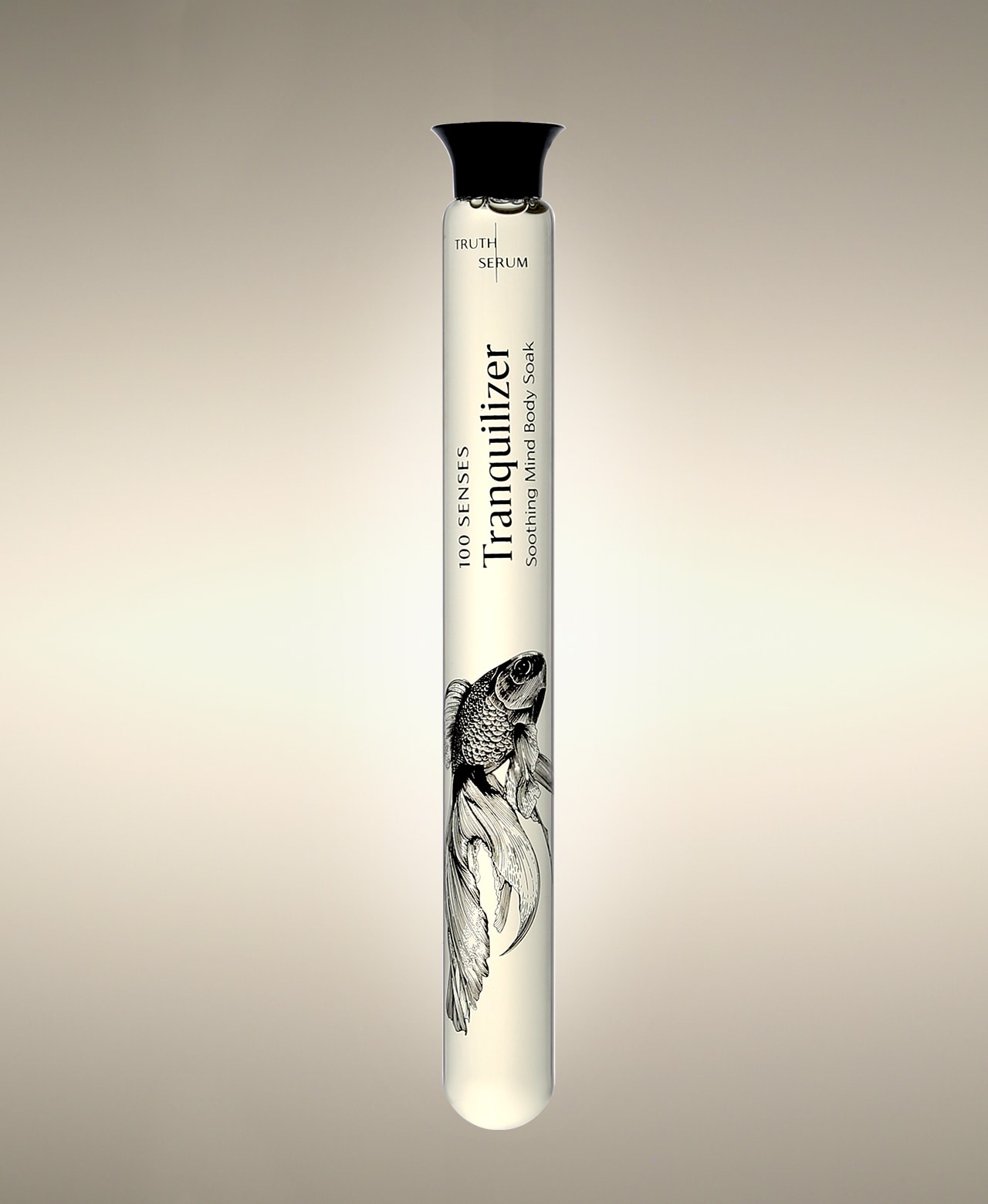 Tranquilizer Lavender Cypress Foaming Bath Soak in an illustrated glass cylinder.