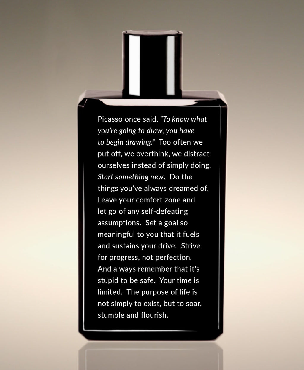 Back of the Green Tea Clean Slate Whole Body Lather bottle with a thought on a Picasso quote.