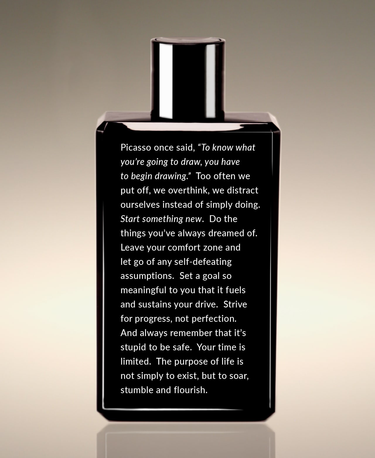 Back of the Green Tea Clean Slate Whole Body Lather bottle with a thought on a Picasso quote.