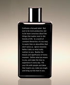 Back of the Lavender Cypress Clean Slate Whole Body Lather bottle with a thought that begins "Cultivate a focused mind."