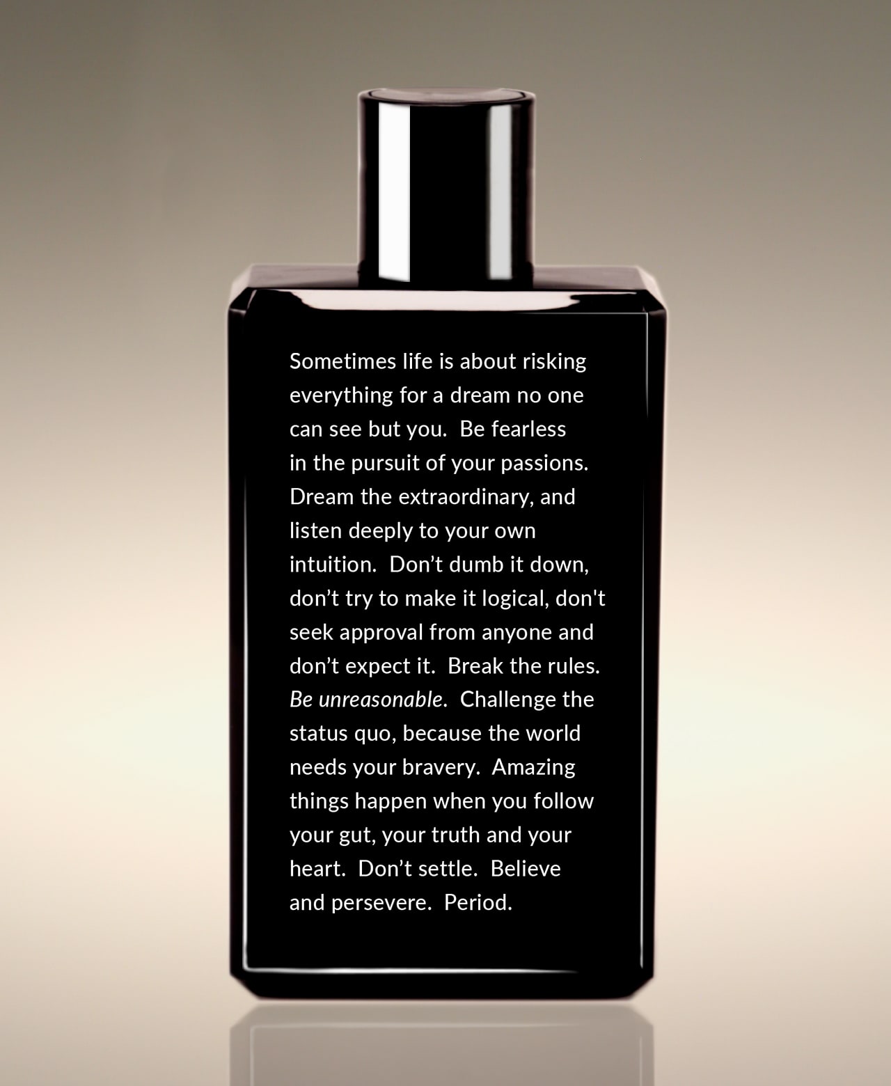 Back view of the Neroli Leaf Clean Slate Body Lather bottle, with a shower thought beginning “Sometimes life is about risking everything for a dream no one can see but you.”