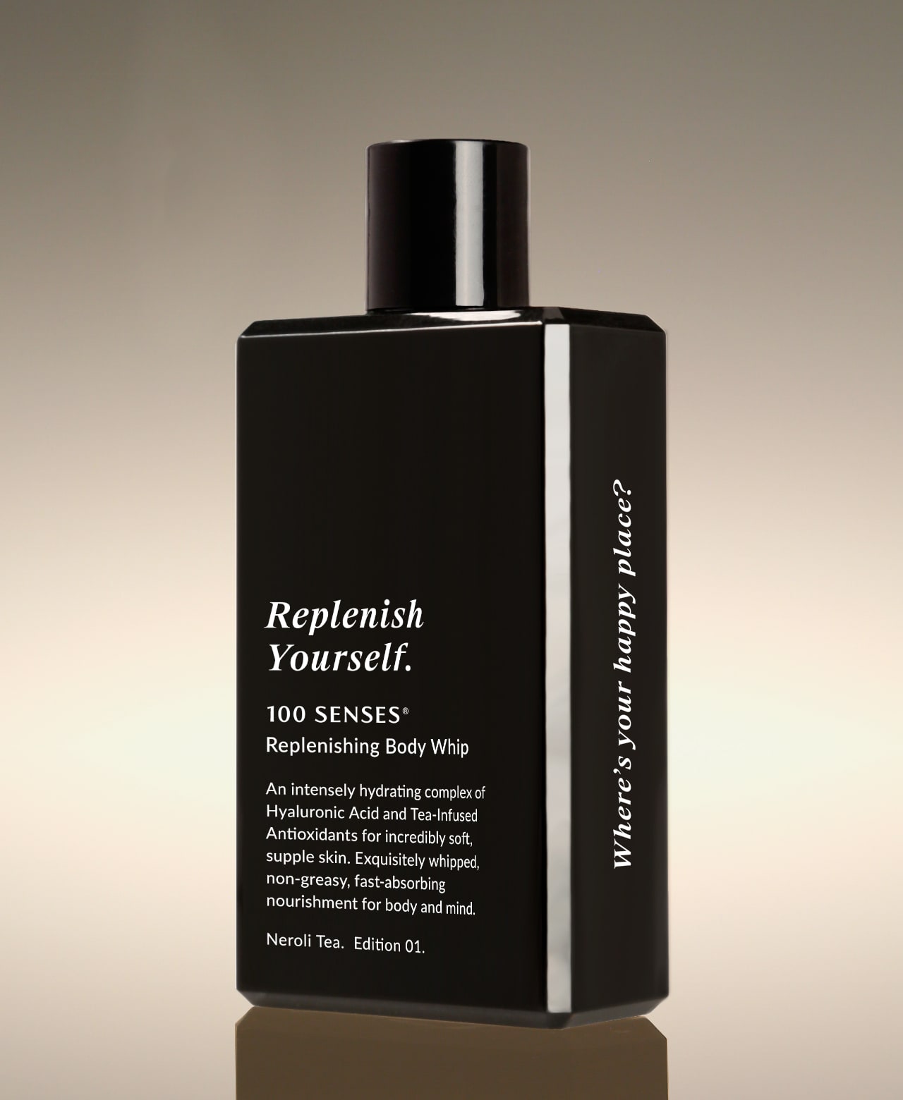 Neroli Tea Replenish Yourself Body Whip bottle angled to show “Where’s your happy place?” along the side.