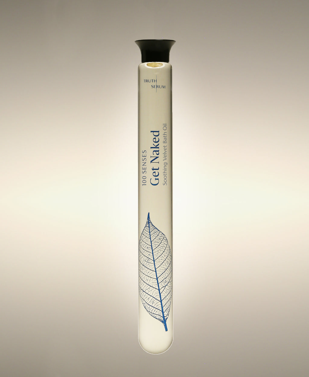 Get Naked Fresh Roses Soothing Cylinder Bath Oil glass cylinder with a vein leaf line-art illustration.