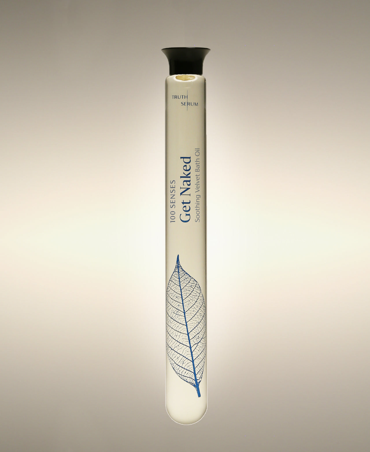 Get Naked Fresh Roses Soothing Cylinder Bath Oil glass cylinder with a vein leaf line-art illustration.