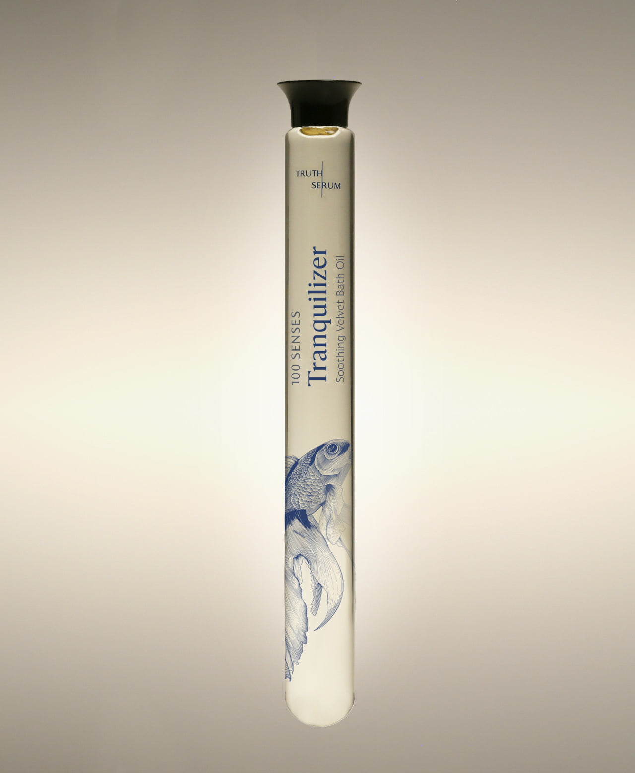 Tranquilizer Cylinder Bath Oil glass bottle with a betta fish illustration, standing against a warm neutral background.